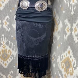 Ralph Lauren Spring 2007 Jet Black Stretch Silk Damask Piano Fringe Pencil Skirt